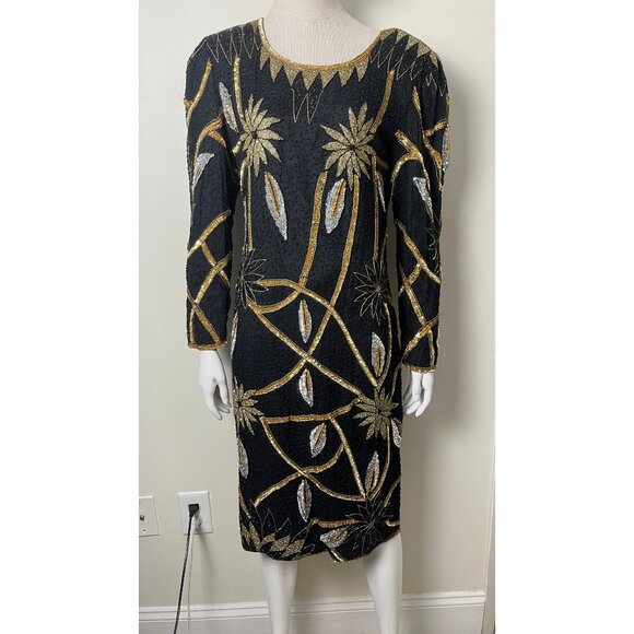 VINTAGE MANNEQUIN BEADED SEQUIN 80'S GLAM DRESS M - Picture 1 of 12